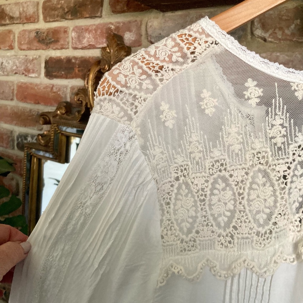 Johnny Was | Love Ivory + Ecru Lace-Trim Pintuck Victorian Boho Romantic Top S - Picture 8 of 16